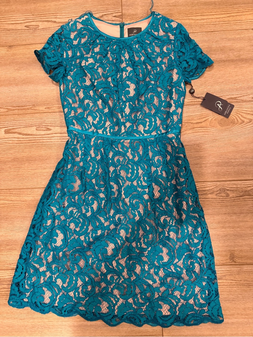 Adrianna Papell Teal Lace Dress with Nude Lining
